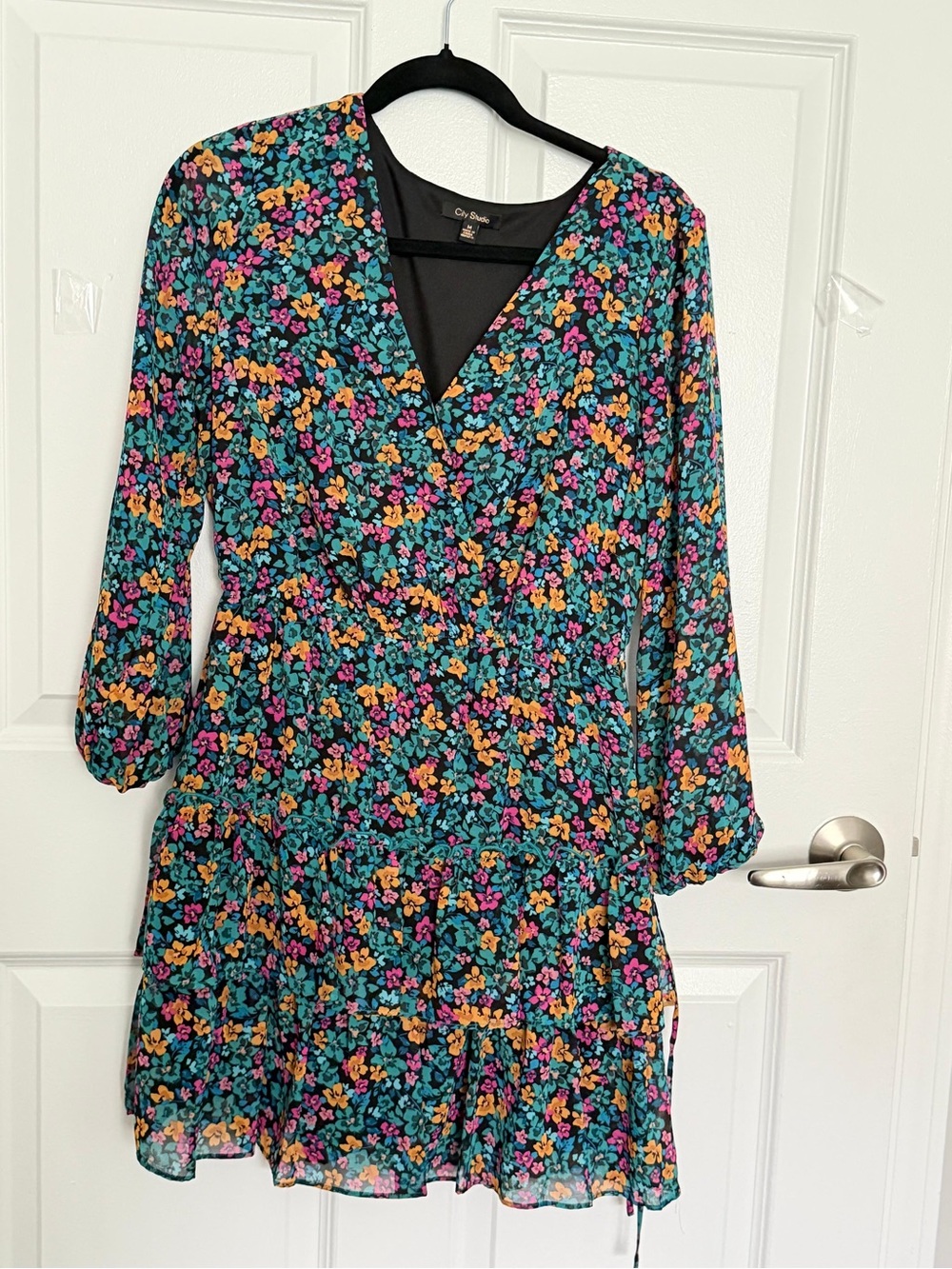 City Studio Teal Floral Long Sleeve Wrap Dress